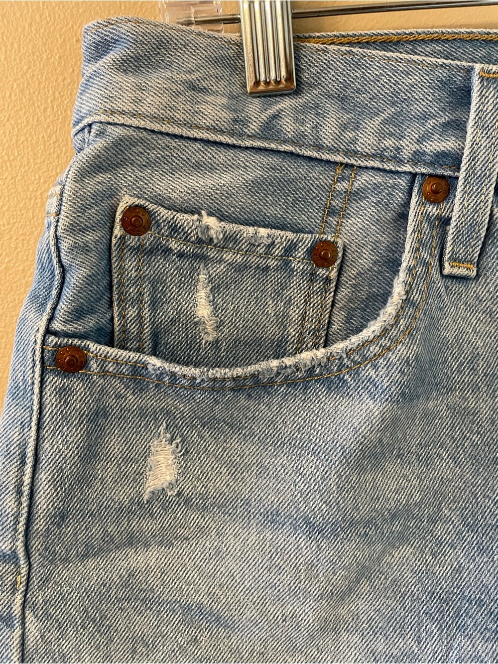 Levi’s Light Blue Distressed Denim Shorts - Women's High-Rise Cutoff - Picture 5 of 8